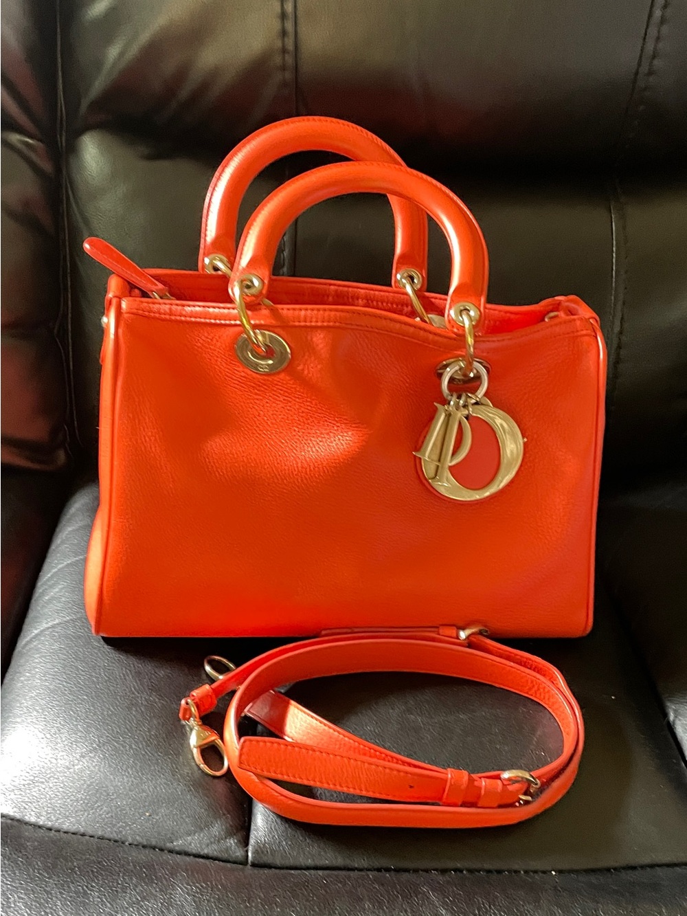 Dior Bright Orange Leather Doctors Bag with Gold-Tone Charm Hardware